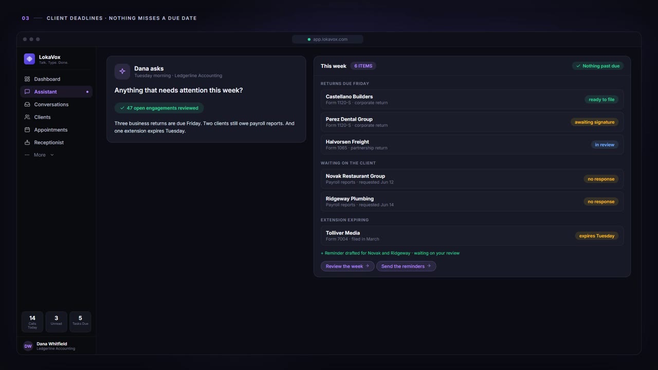 Client Deadlines - LokaVox demo screen