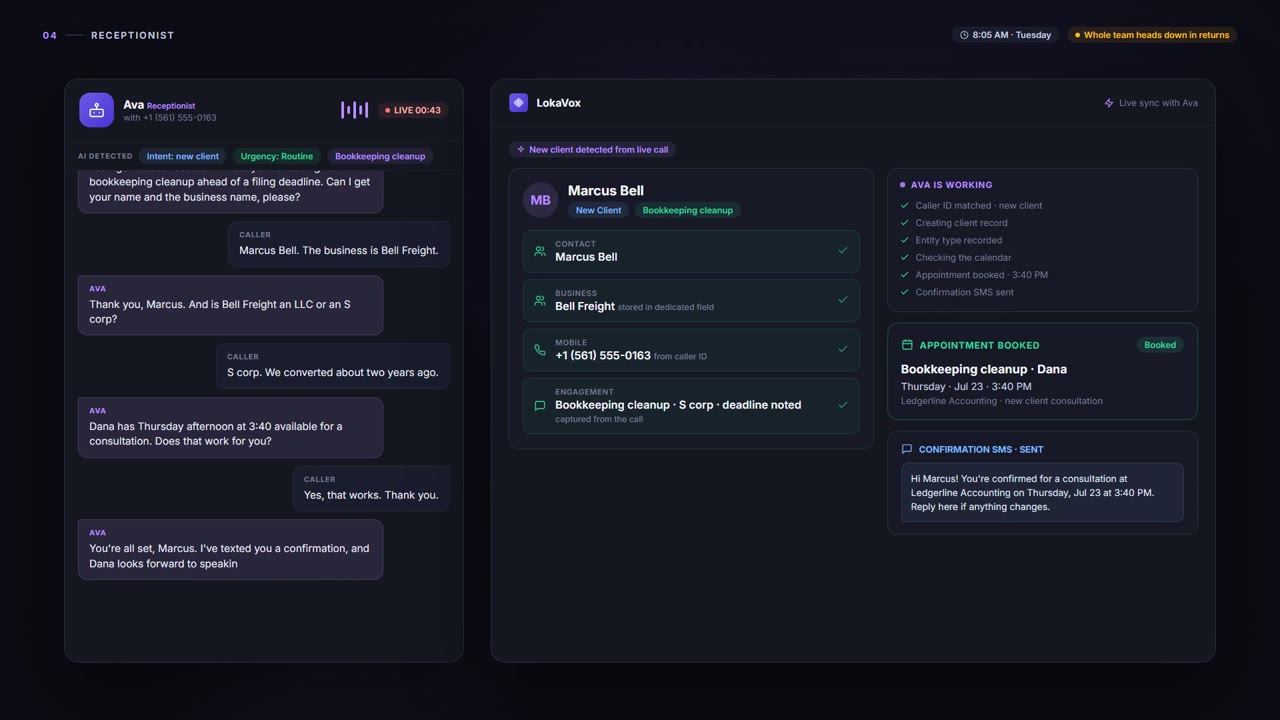 Receptionist - LokaVox demo screen