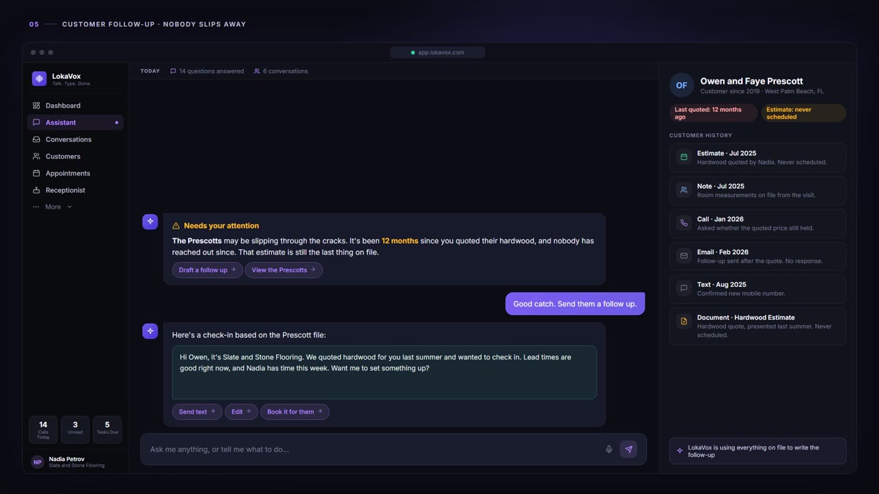 Customer Follow-Up - LokaVox demo screen