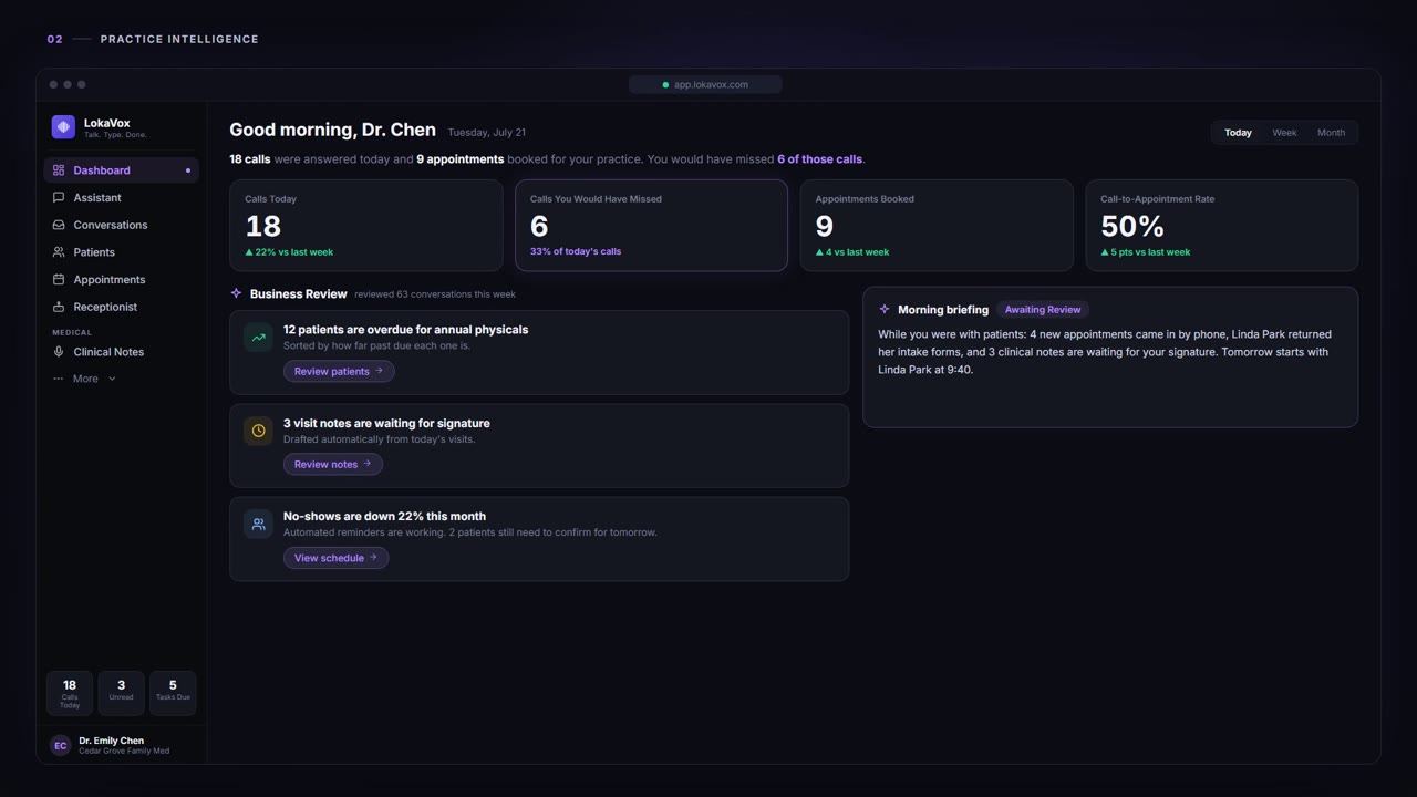 Practice Intelligence - LokaVox demo screen
