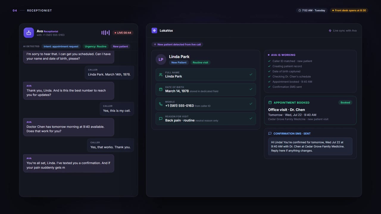 Receptionist - LokaVox demo screen