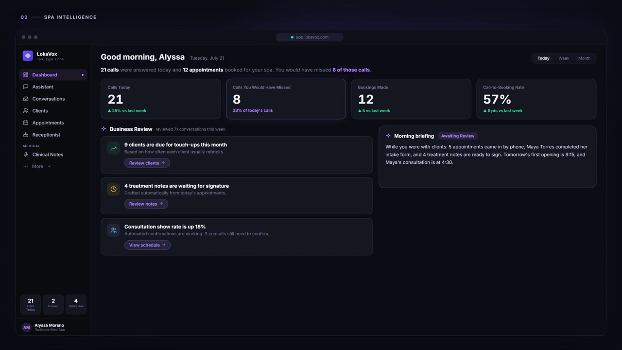 Spa Intelligence - LokaVox demo screen